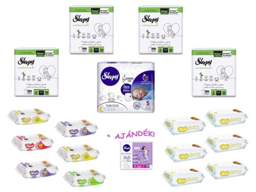 Sleepy Natural nappali és éjszakai pelenka (96+24db) és törlőkendő (12db) + ajándék - Junior 5